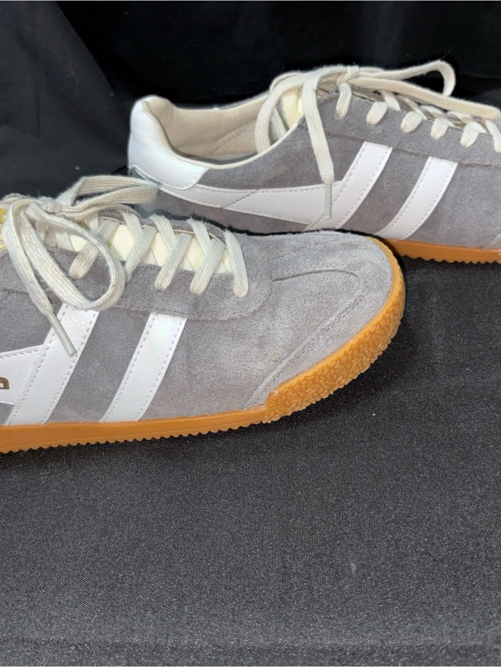 Gola women’s size 9 Gray Suede Sneakers with White Stripes and Gum Sole